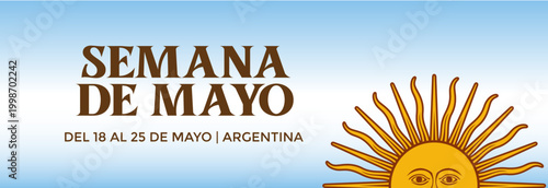 Banner Promo Semana de Mayo, feriado patrio con sol de la bandera argentina editable