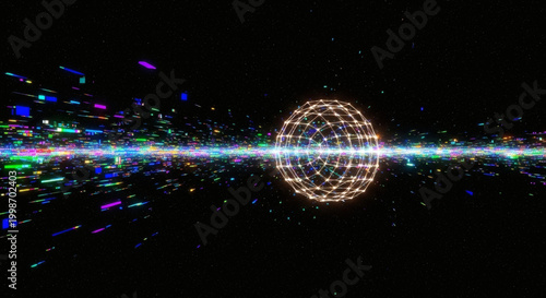 Abstract digital sphere with vibrant streaks of light and data particles in dark background