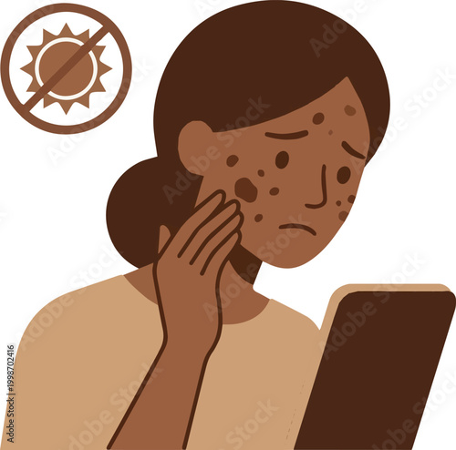 Dark-skinned woman examining her face with sun spots and hyperpigmentation, emphasizing skin damage awareness and sun protection.