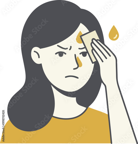 Young woman wiping sweat from her oily forehead with a tissue, depicting discomfort in a modern flat design illustration.