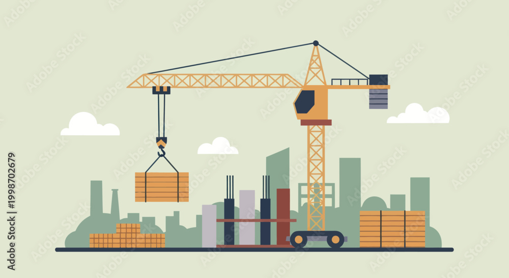 Obraz premium Construction site with a large crane lifting materials for building development.