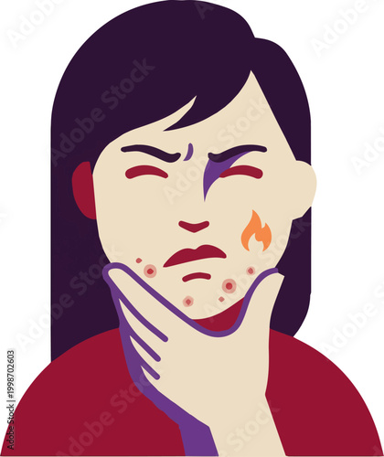 Young woman suffering from inflamed acne and skin irritation, touching her face with discomfort, modern flat illustration.
