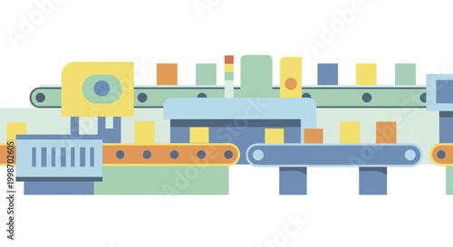 Automated production line with conveyor belts and boxes.