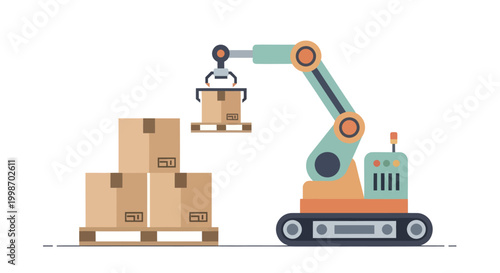 Automated Robotic Arm Stacking Cardboard Boxes on Pallets in a Warehouse.