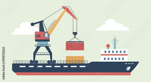 Cargo Ship and Crane Loading Containers at Port.