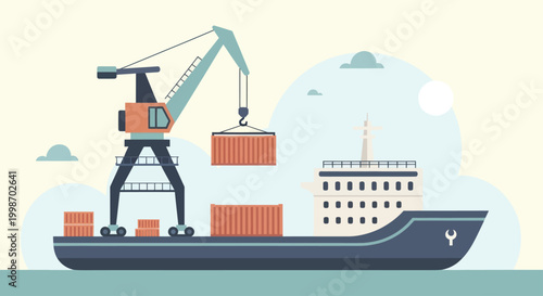 Cargo ship being loaded by crane at port for global transport.