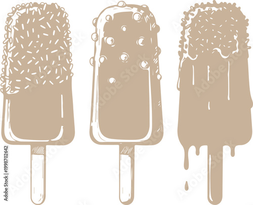 Three popsicles with green ice cream and grey topping Vector, illustration