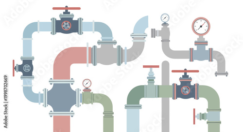 Complex network of colorful industrial pipes with valves and pressure gauges.