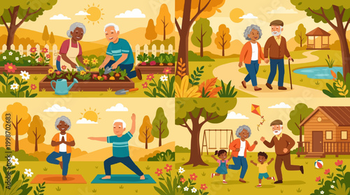 Flat vector illustration of happy active senior elderly couple enjoying retirement, gardening together in sunny backyard, walking in park
