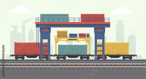 Container Train Loading with Gantry Crane at Port.