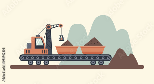 Industrial mining operation with excavator loading ore onto conveyor belt.