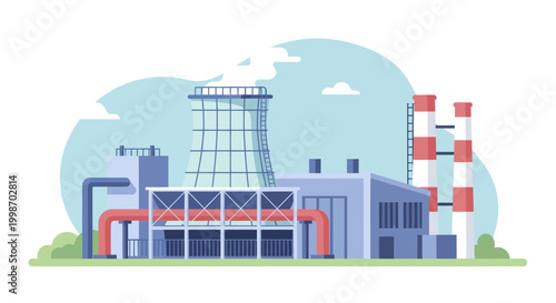 Industrial Power Plant with Cooling Towers and Smokestacks.