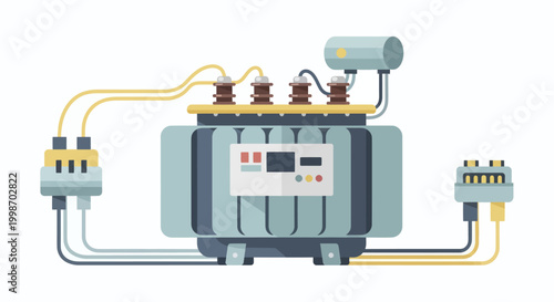 Industrial power transformer with electrical wires and connections.