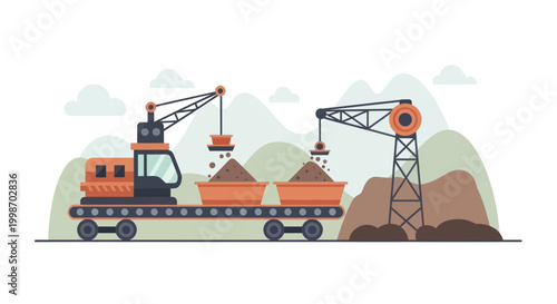 Industrial train with cranes loading materials for mining operations.