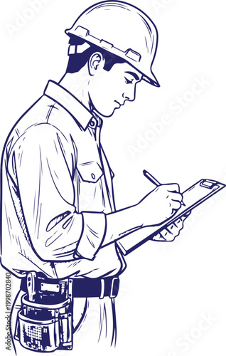 Man in hard hat writing on clipboard Vector, illustration