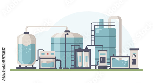 Industrial Water Treatment Plant Illustration with Tanks and Filtration Systems.