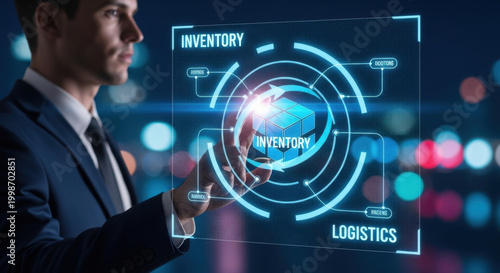Businessman pointing at SCM technology on futuristic digital interface screen, logistics optimization system, inventory tracking solution, enterprise distribution concept 