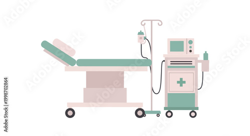 Medical Examination Table and Equipment in Hospital Room.