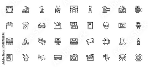 Hollywood icon set. Vector illustration pack with Oscar, film reel, camera, popcorn, tickets, spotlight and more. Editable thin line icons.