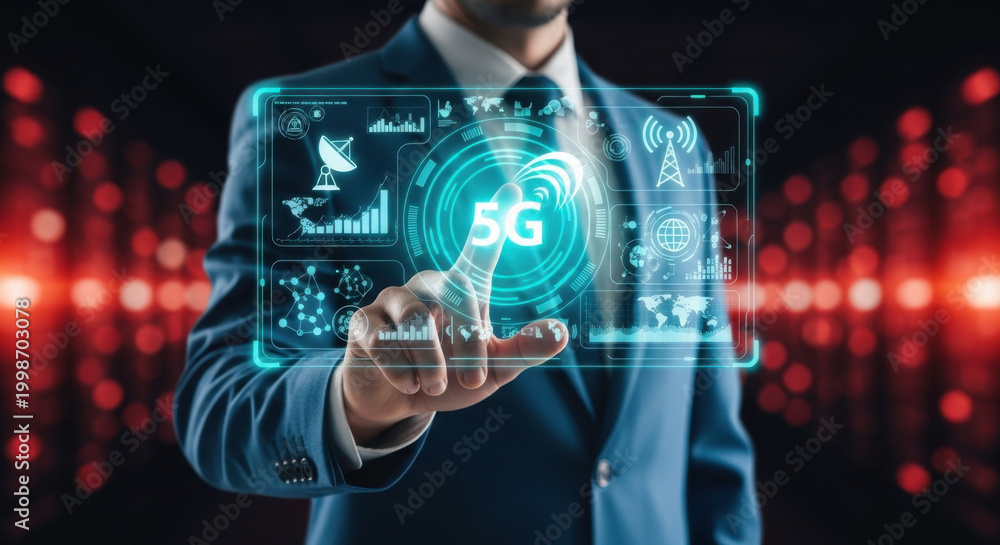 Fototapeta premium Businessman pointing at telecommunications technology on futuristic digital interface screen, network connectivity system, digital communication platform, telecom innovation concept