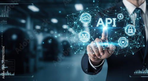 API, Businessman hand touching the global networking and API integration solutions that connect software systems, streamline cloud services, and enable seamless developer collaboration