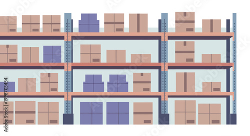 Warehouse shelves filled with cardboard boxes and storage containers.