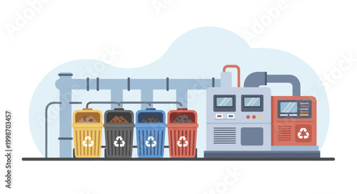 Waste sorting and recycling plant with colorful bins and machinery.