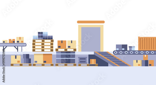 Warehouse interior with conveyor belts and stacked boxes.