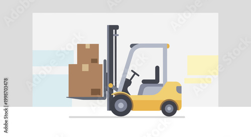 Yellow Forklift Truck Lifting Cardboard Boxes in Warehouse.
