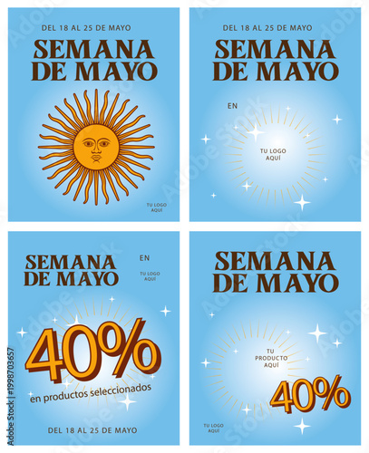 Set de templates para redes sociales Semana de Mayo editable con sol bandera Argentina