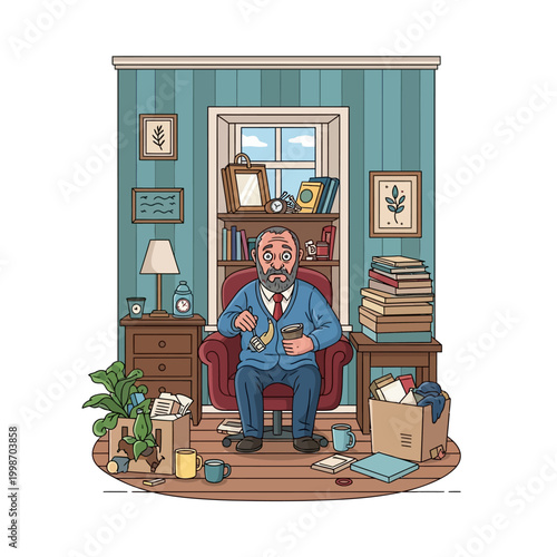 Elderly man enjoying a banana and coffee in his cozy living room with books.