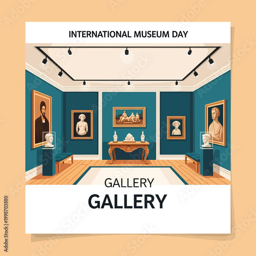 Illustration of a museum gallery interior with paintings and sculptures for International Museum Day.