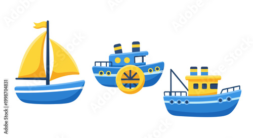 Cute Cartoon Boats Collection: Sailboat, Paddle Steamer, Fishing Boat