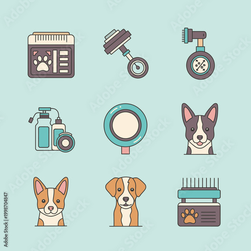 Collection of dog grooming and care products with cute puppy illustrations on a blue background.