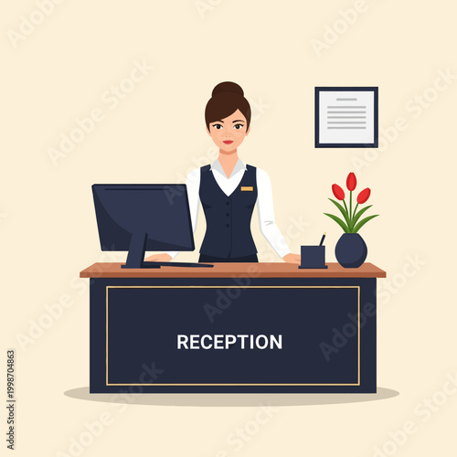 Friendly receptionist at the front desk of an office or hotel welcomes guests.