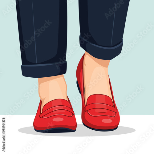 Woman's feet wearing red loafers and dark blue pants, vector illustration.
