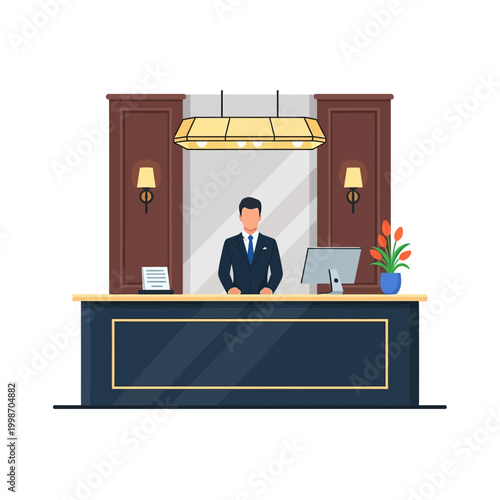 Professional hotel receptionist standing behind the front desk, welcoming guests with a smile.