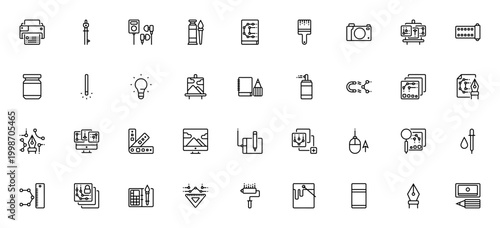 Art Design icon set. Vector graphics collection featuring printer, compass, music player, paintbrush, camera, canvas, color palette, graphic tablet and more creative tools.
