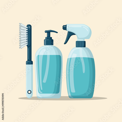 Cleaning supplies including a brush, soap dispenser, and spray bottle on a beige background.