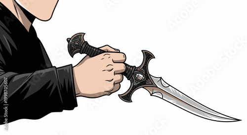 Person holding a dagger weapon tightly.