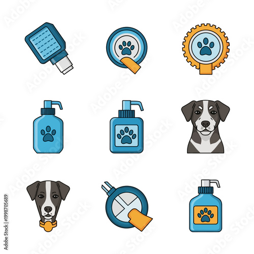 Collection of dog grooming and care icons in a colorful illustration.