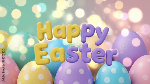 Happy Easter Celebration with Colorful Eggs and Bokeh Lights.