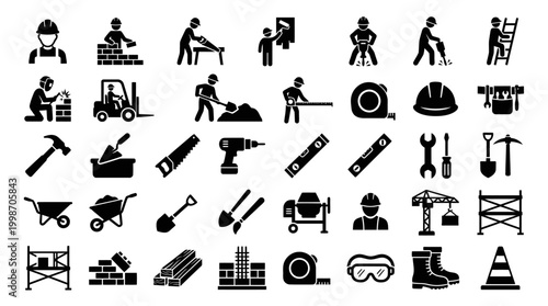 Construction Workers and Building Tools Monochromatic Icon Set for Industrial Work on Isolated White Background