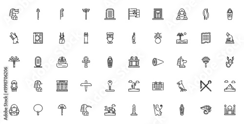 Ancient Egypt icon set. Vector symbols collection. Includes Ankh, Scarab, Pyramid, Sphinx, Pharaoh, Hieroglyph, Anubis, Eye of Ra and more. Editable stroke illustration.