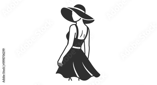 Elegant minimalist silhouette of a woman wearing a wide brim hat and dress