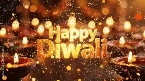 Happy Diwali Celebration with Lit Diyas and Sparkling Text.