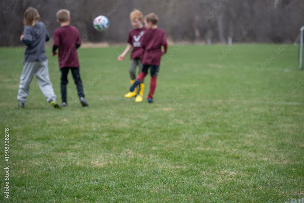 Obraz premium Kids play soccer on a grassy field during a cloudy day in a local park with other players in the background