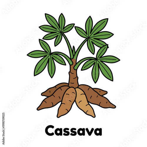 Fresh cassava plant with lush green leaves and nutritious brown tuberous roots, depicted in a charming hand-drawn style, ideal for food packaging, educational materials, and agricultural themes 