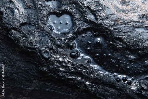 Melted and scorched black plastic surface with toxic bubbling texture.