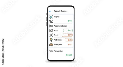 Mobile phone screen displaying a detailed travel budget planner with categorized expenses.
